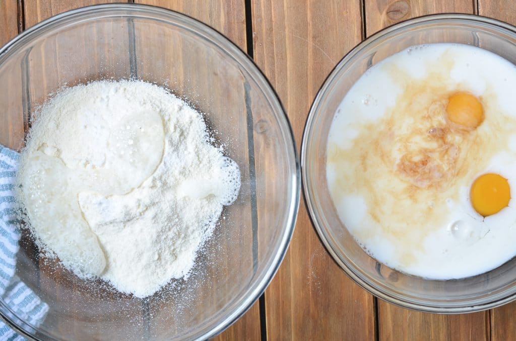 Dry ingredients in one bowl, wet ingredients in another.