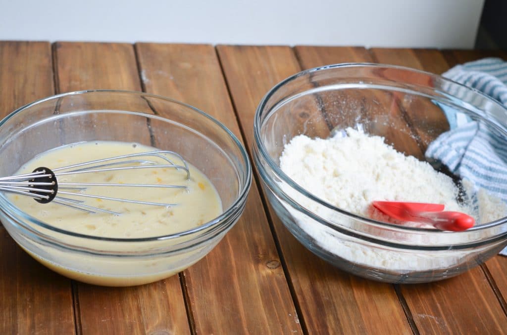 Wet ingredients in bowl whisked, dry ingredients in other bowl whisked.