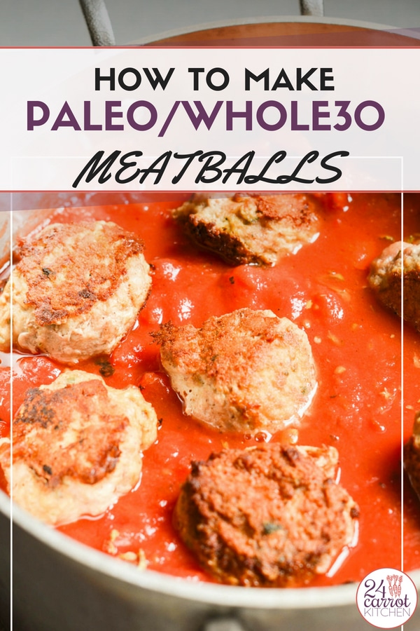 Delicious Paleo/Whole30 turkey meatballs with a delicious tomato sauce. Make a big batch and freeze some for later! #paleodinners #paleoentrees #paleo #gluten-free #dairy-free #meatballs #grain-free