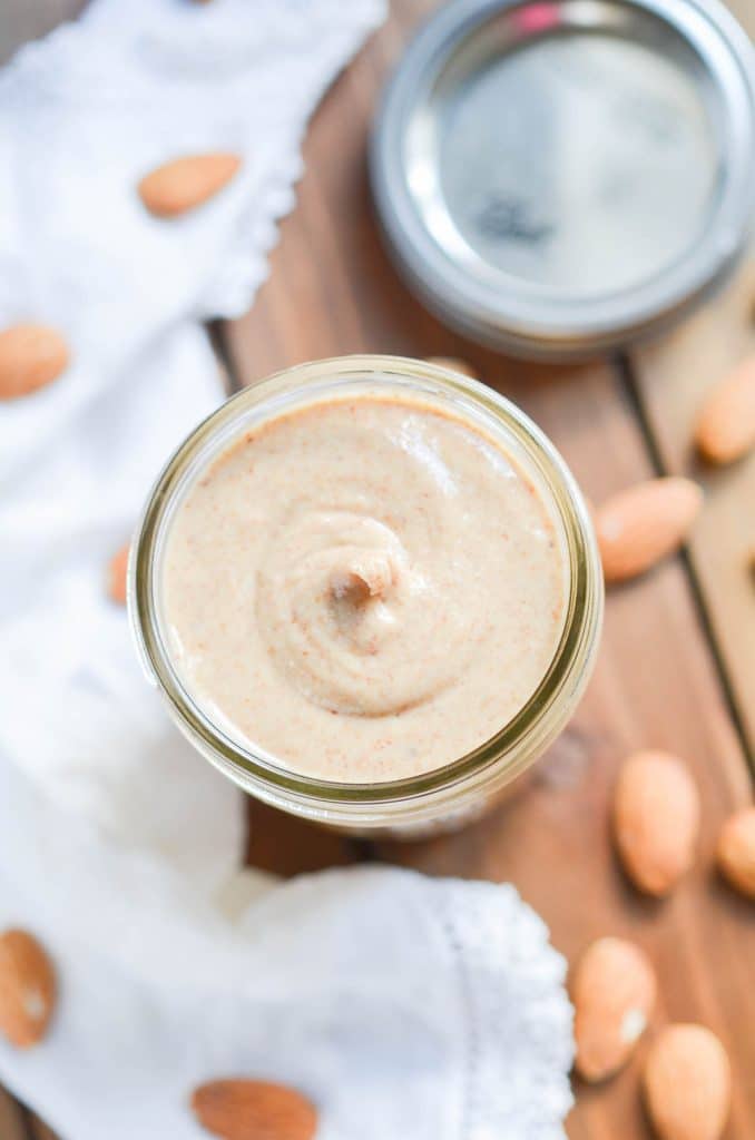 Freshly made almond butter in jar - 24 Carrot Kitchen