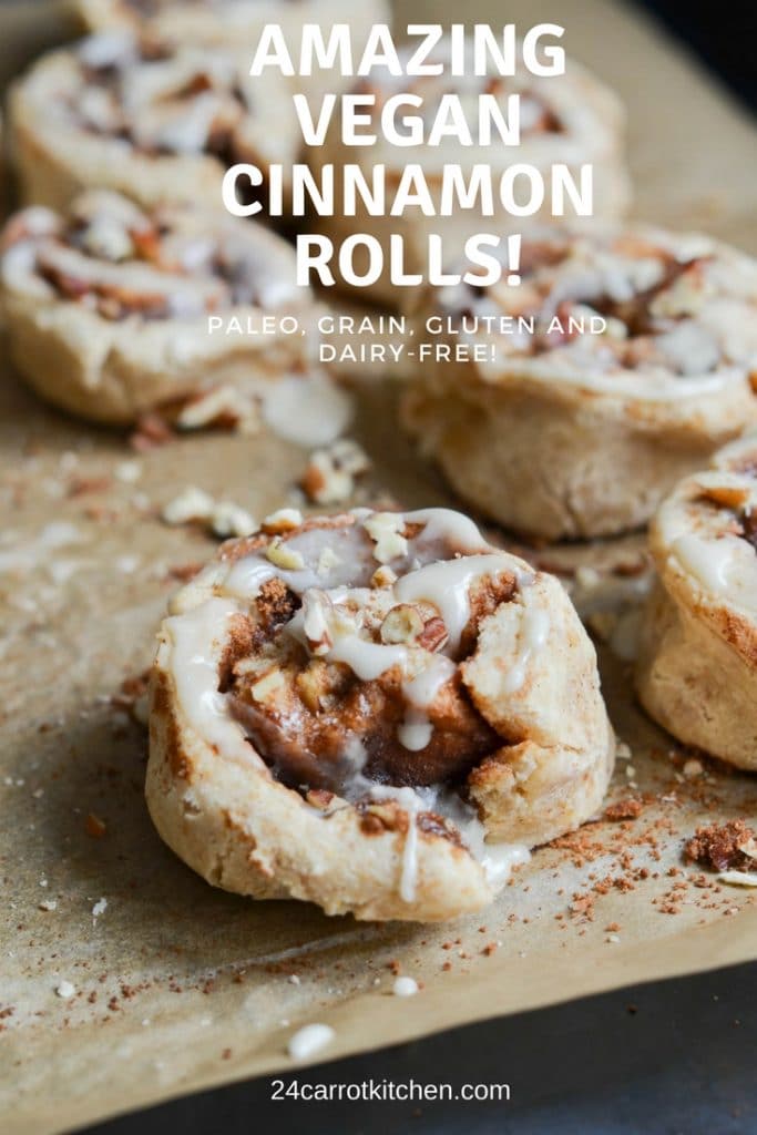 Vegan cinnamon rolls with icing on pan - 24 Carrot Kitchen