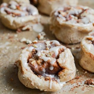 Vegan Cinnamon Rolls frosted on baking pan - 24 Carrot Kitchen