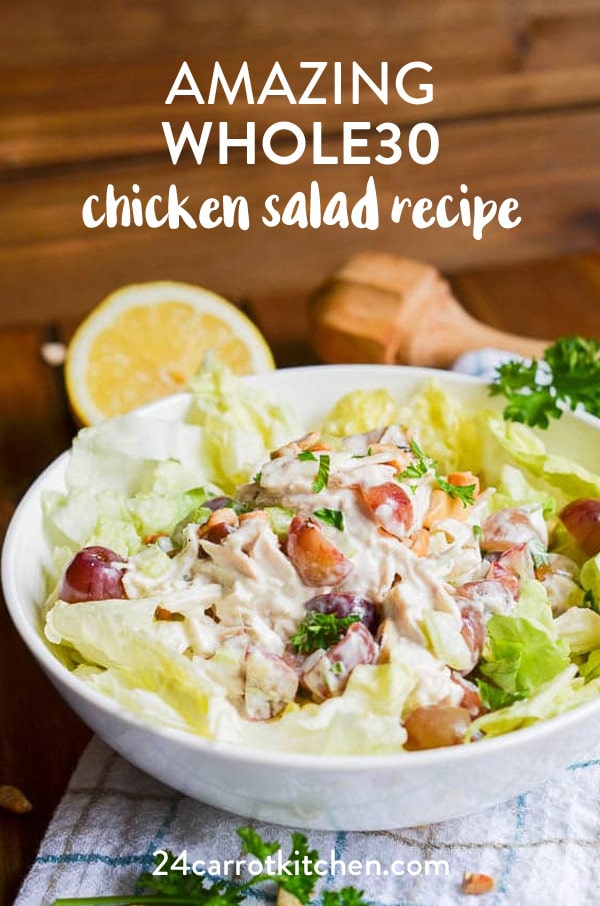 Amazing and delicious Whole30 chicken salad is super easy to make! Lots of add-ins, ideas, and meal prep tips included with this recipe! The Whole30 will be a breeze with this recipe! However, don't be surprised when this awesome chicken salad recipe becomes a favorite go-to all year round! Definitely, PIN for later! #Paleo #Paleorecipes #chickensalad #grainfree #gluten-free #dairy-free #salads #Whole30 #Whole30recipes