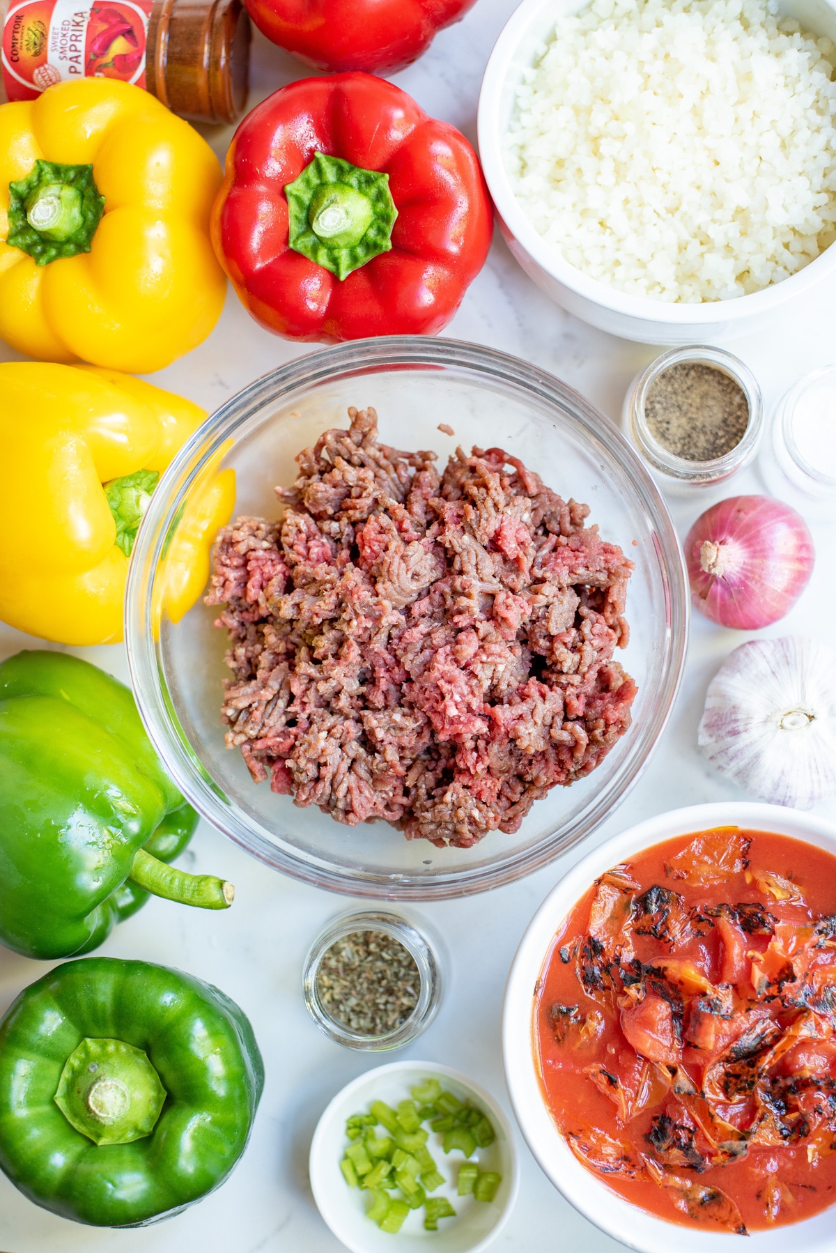 ingredients for stuffed peppers recipe on the counter.
