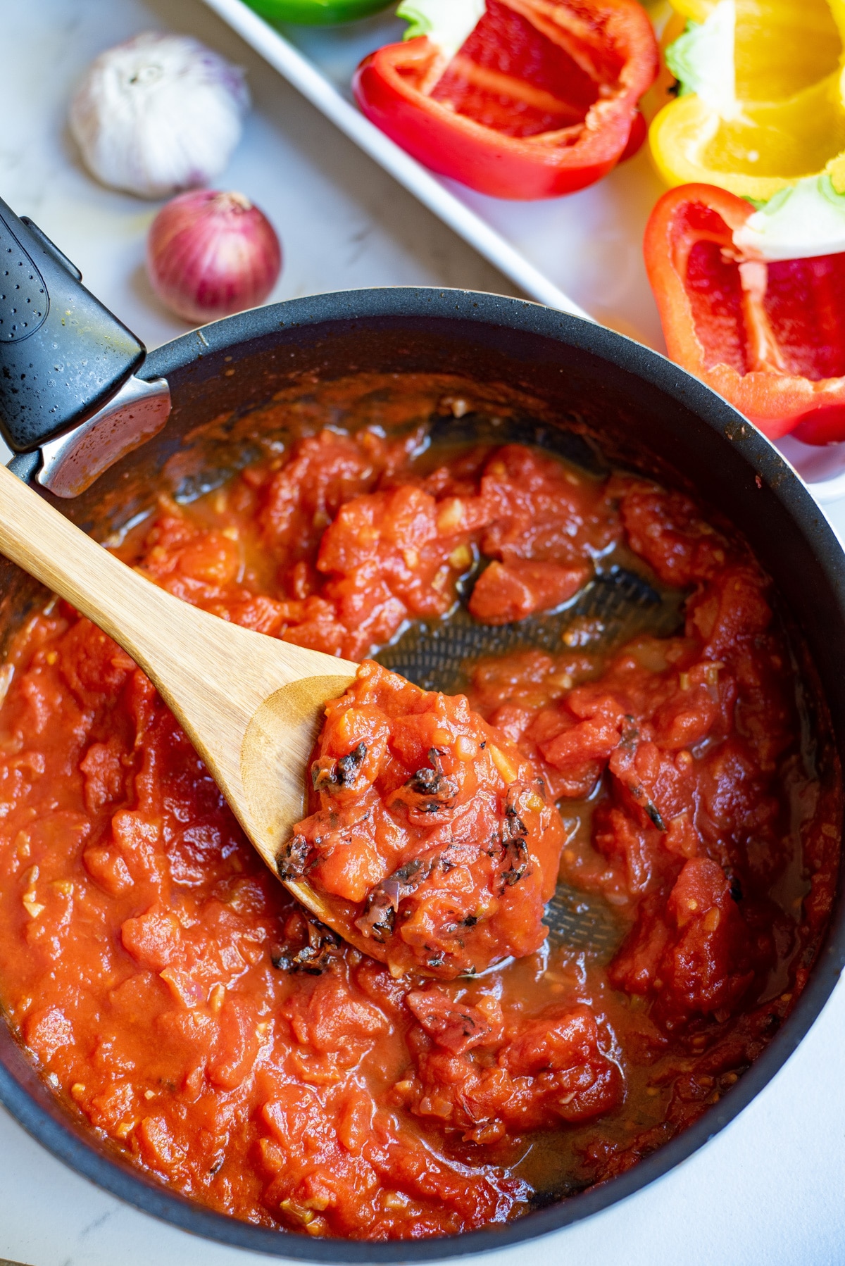 tomato sauce in skillet.
