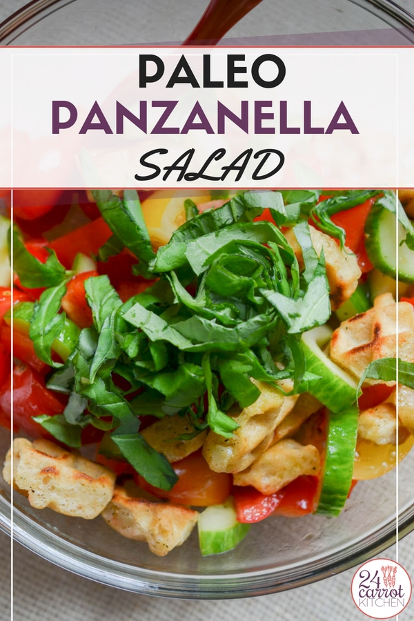 Try this amazing Paleo Panzanella Salad with fluffy, crunchy, crispy croutons! #grain-free #gluten-free #dairy-free #vegan #salad #paleo