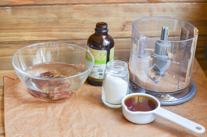 ingredients for vegan caramel sauce on counter.