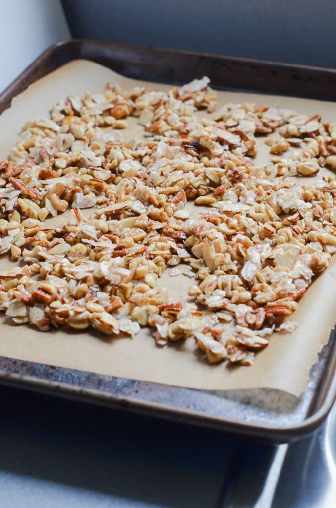 vegan granola on baking sheet.