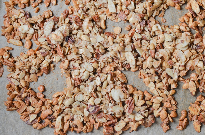 vegan granola on baking sheet.
