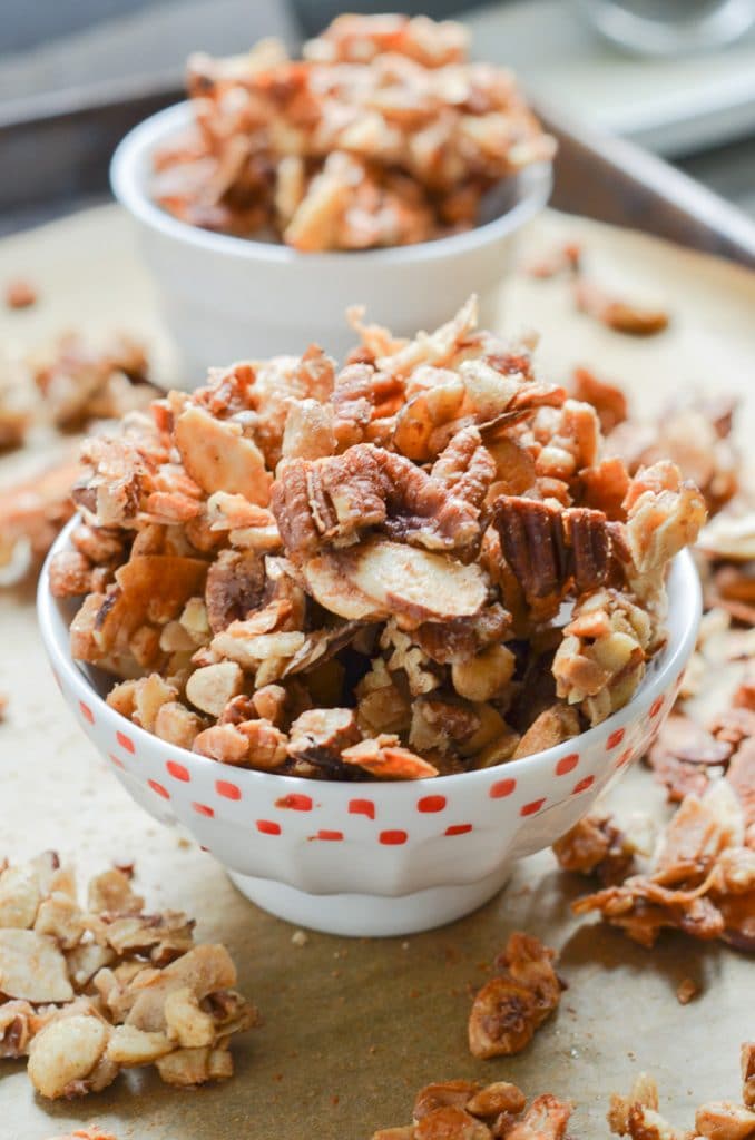 vegan granola in a glass bowl.