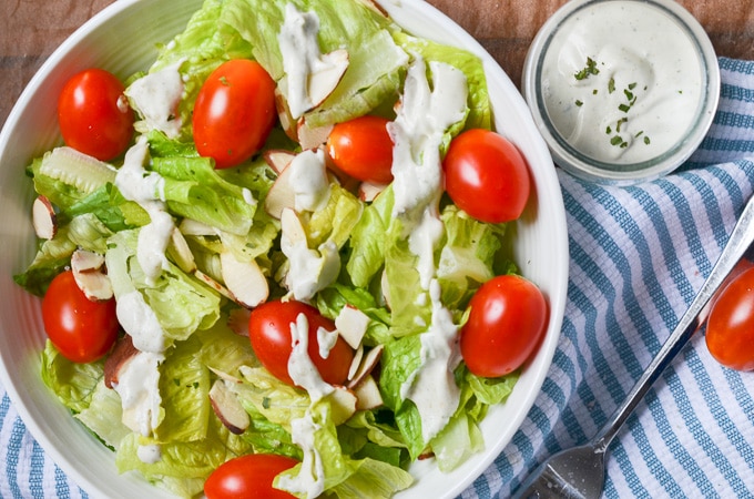 Garden salad with vegan ranch dressing.