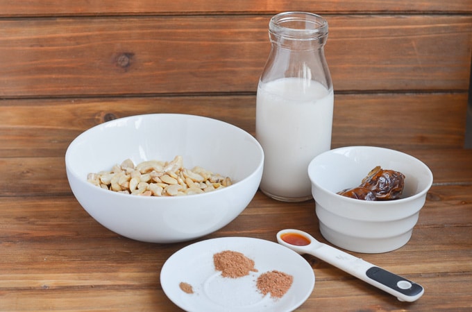 ingredients for vegan eggnog on counter.