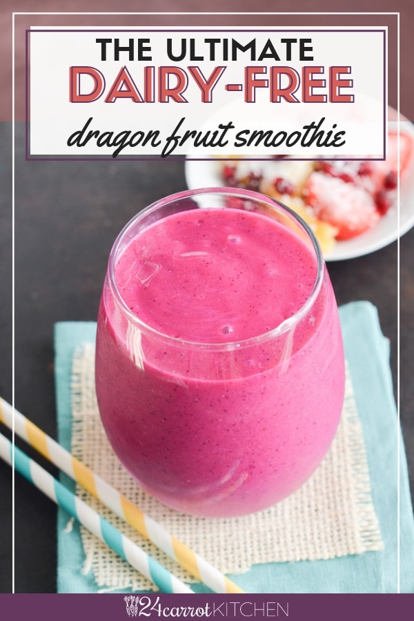This creamy, delicious dragon fruit smoothie (pitaya) is refreshing and a good source of vitamin C and antioxidants! Just a few ingredients needed and whip this up in minutes! #smoothie #dragonfruit #vegan #dairy-free