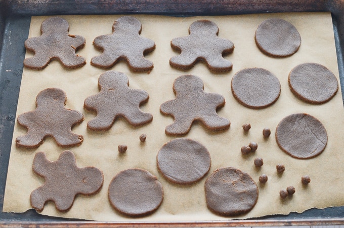 vegan gingerbread cookies on baking sheet ready for oven.