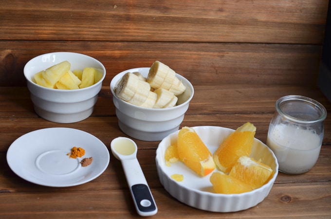 ingredients for smoothie on counter.