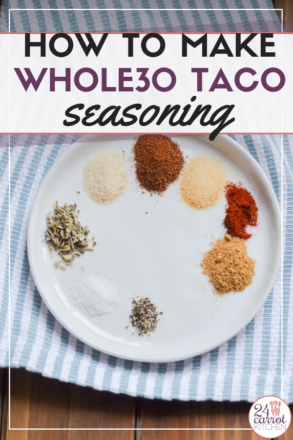 Whole30 taco seasoning that is fresh, easy, economical and without the starch, sugar or additives (no MSG) found in store-bought taco seasoning packets.
This Paleo taco seasoning is also keto, gluten-free and grain-free. Make a big batch and store with all your herbs and spices as you'll be reaching for this one often! #keto #whole30 #taco #gluten-free