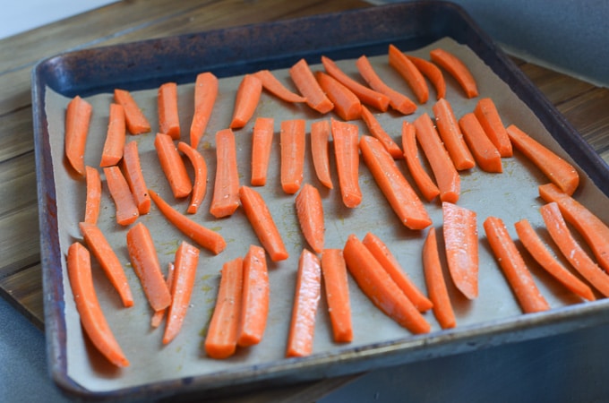 carrot fries on baking pan.