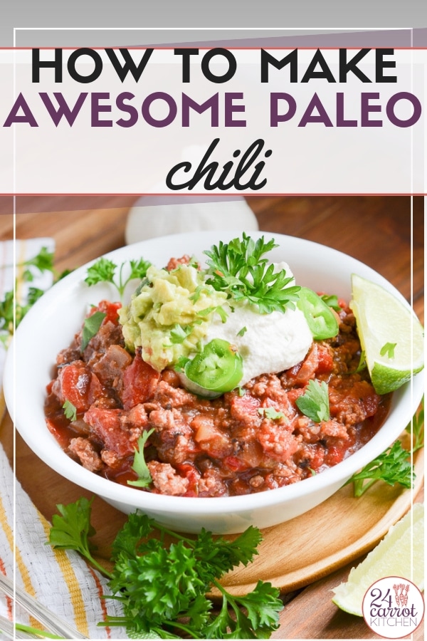 You'll love this low-carb amazing Paleo chili recipe! Perfect for game day, hearty cool weather meals and more! #Paleo #chili