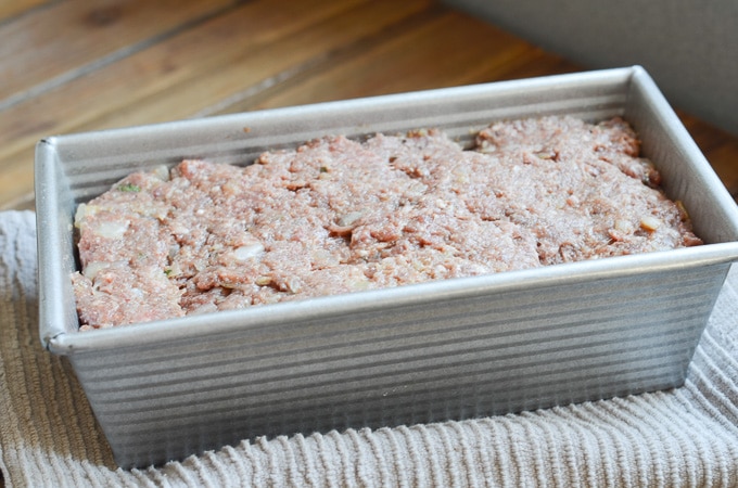 Paleo meatloaf in loaf pan.