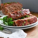 slices of paleo meatloaf on plate.