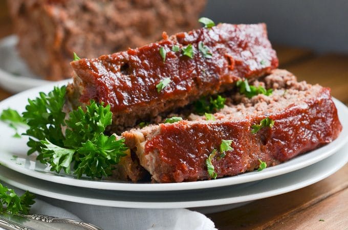 slices of paleo meatloaf on plate.