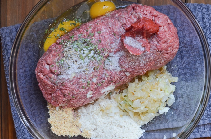 ingredients for Paleo keto low carb meatloaf in bowl.