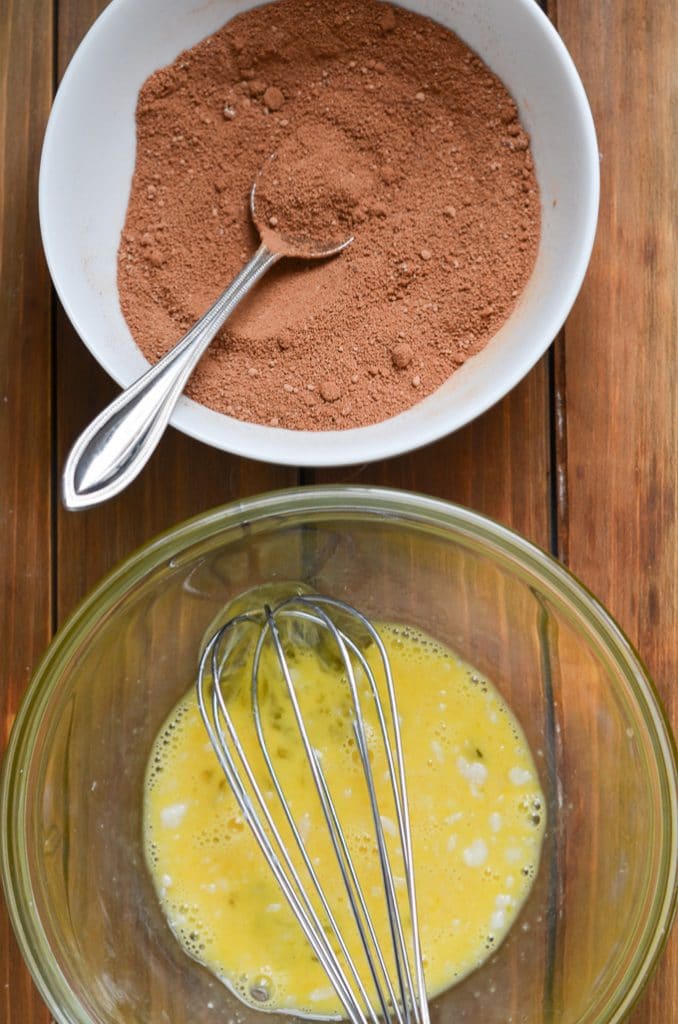 dry ingredients in one bowl and wet ingredients in another bowl.