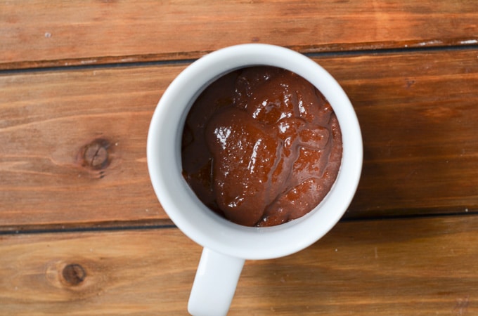 batter for Paleo chocolate mug cake in mug ready for microwave.