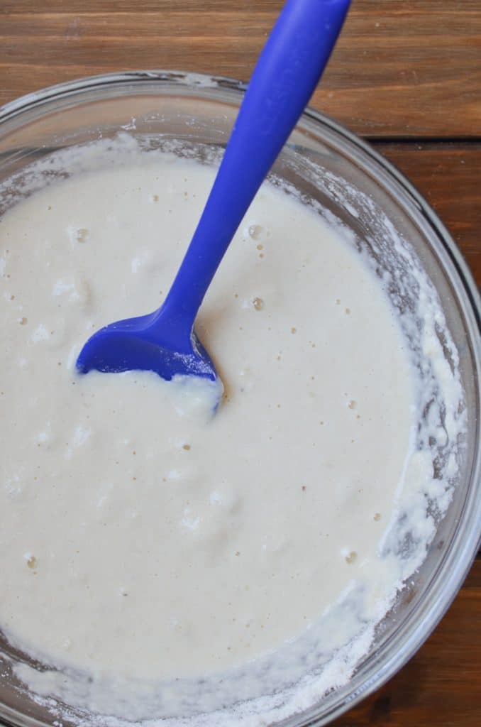 Vegan waffles batter in mixing bowl.