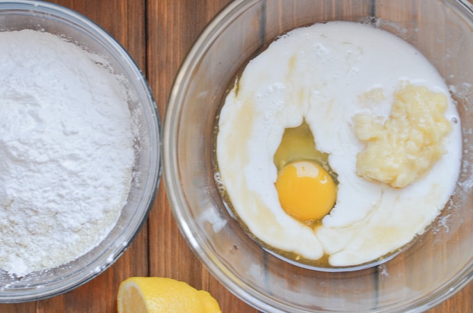 ingredients for paleo waffles in two mixing bowls.