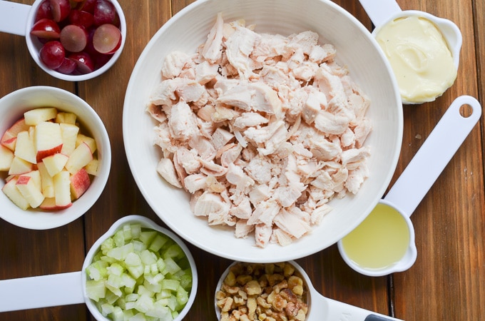 ingredients for waldorf salad in bowls.