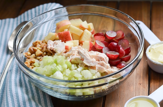 ingredients for waldorf salad in mixing bowl.