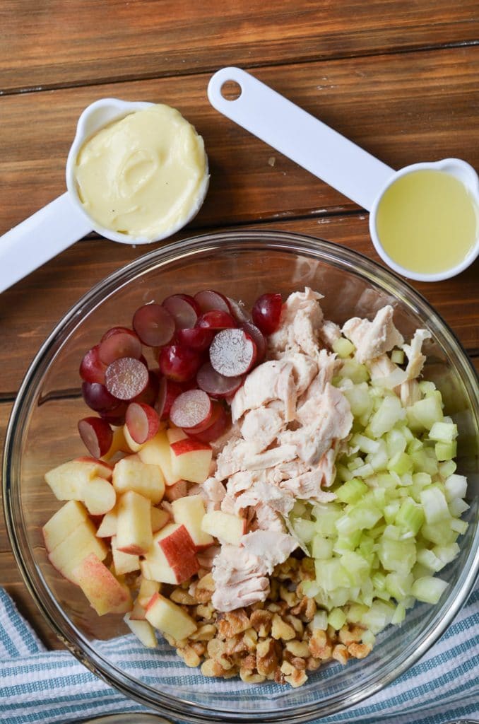 ingredients for waldorf salad in mixing bowl.