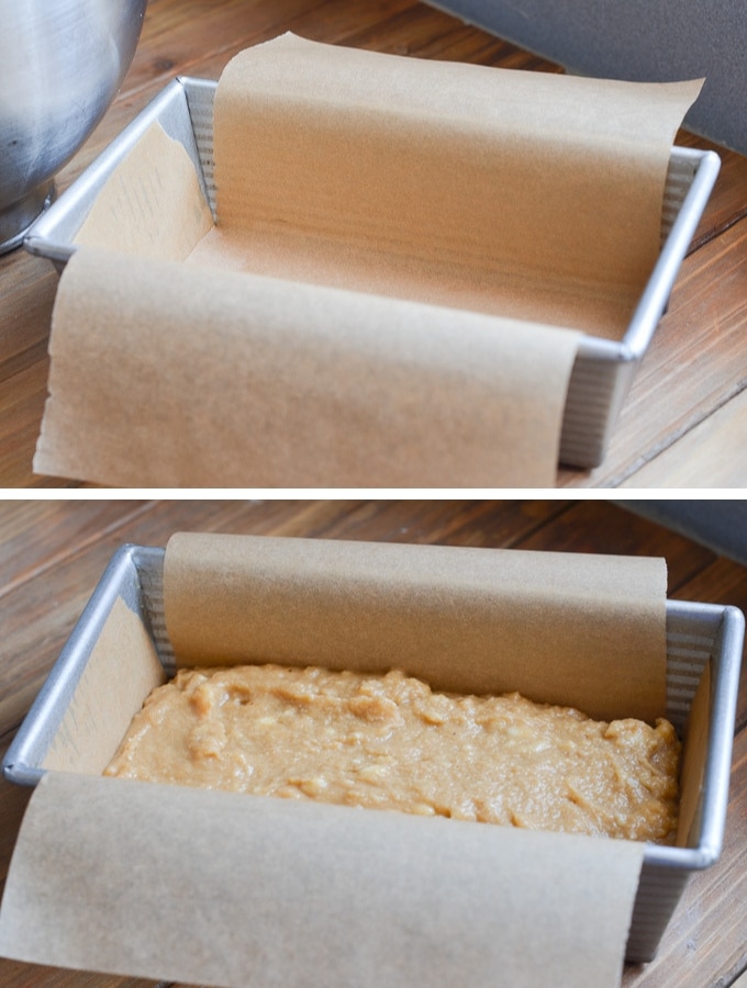 Banana Bread batter in parchment lined metal loaf pan.