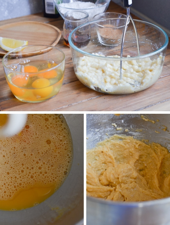 Mashed bananas in bowl with potato masher, eggs in bowl, and batter in mixer.