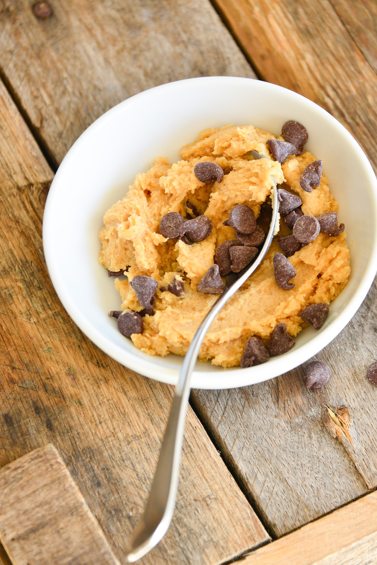 edible cookie dough in a bowl with spoon.