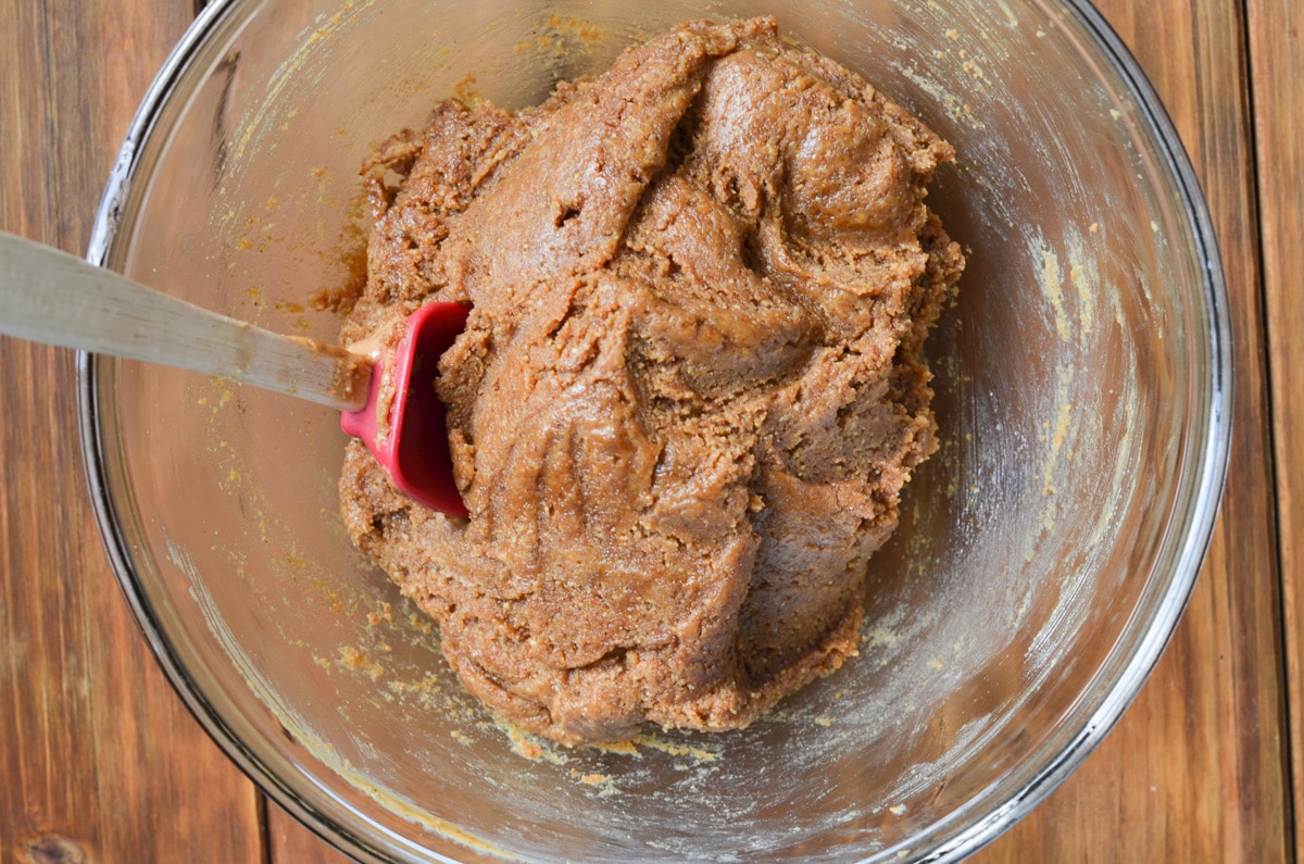 peanut butter cookie dough in medium-sized mixing bowl.