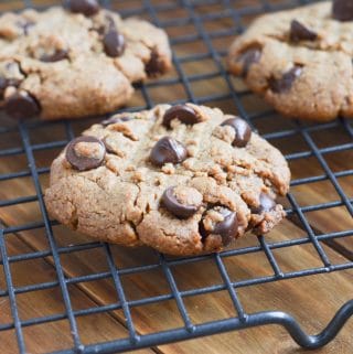 peanut butter chocolate chip cookies on cooling rack.