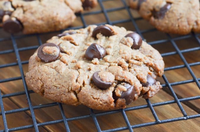 peanut butter chocolate chip cookies on cooling rack.