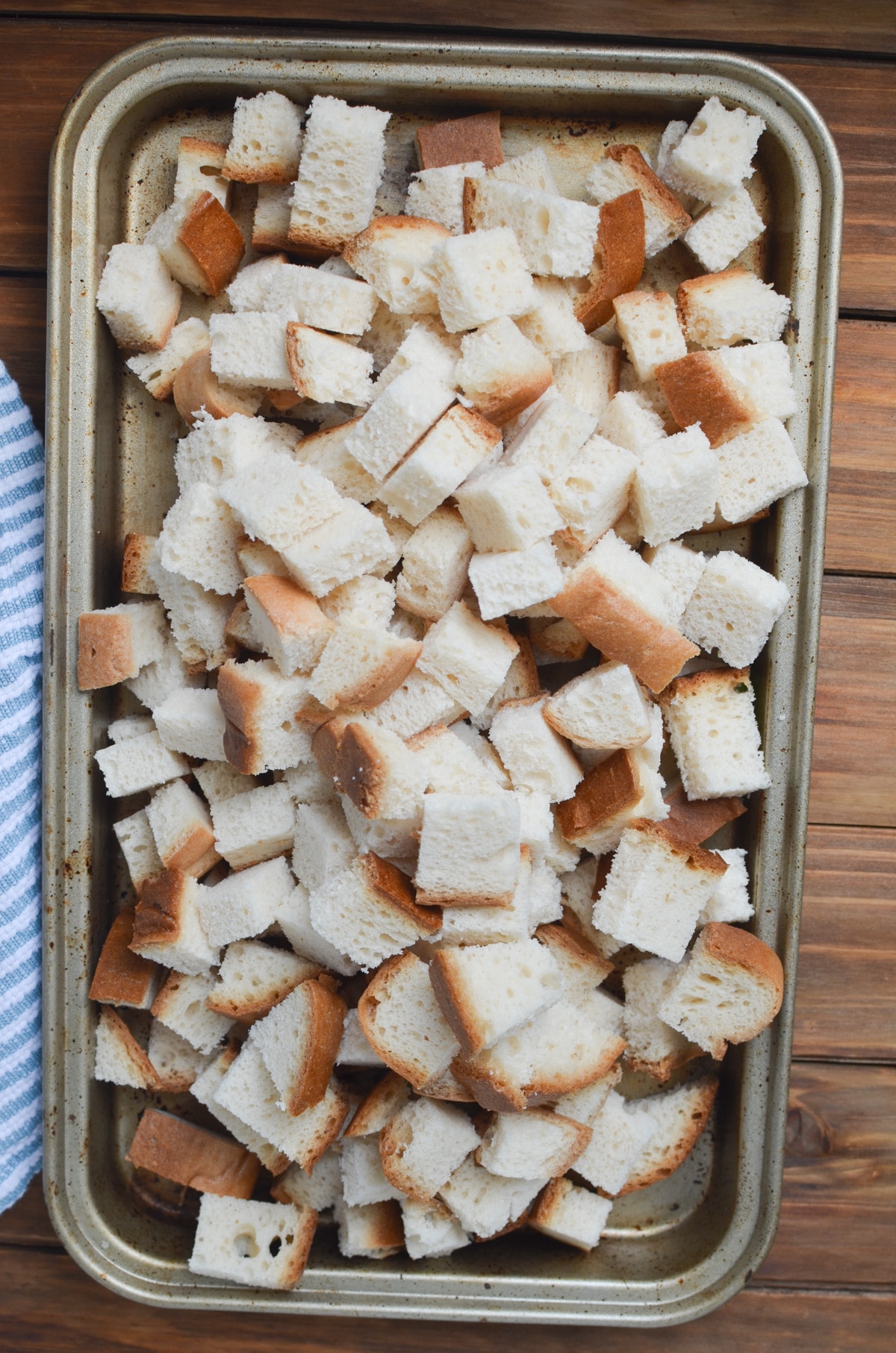 gluten-free bread cut into cubes.