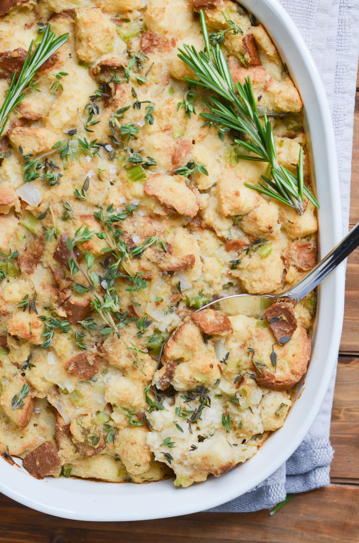 Gluten-Free Stuffing with spoon for serving.