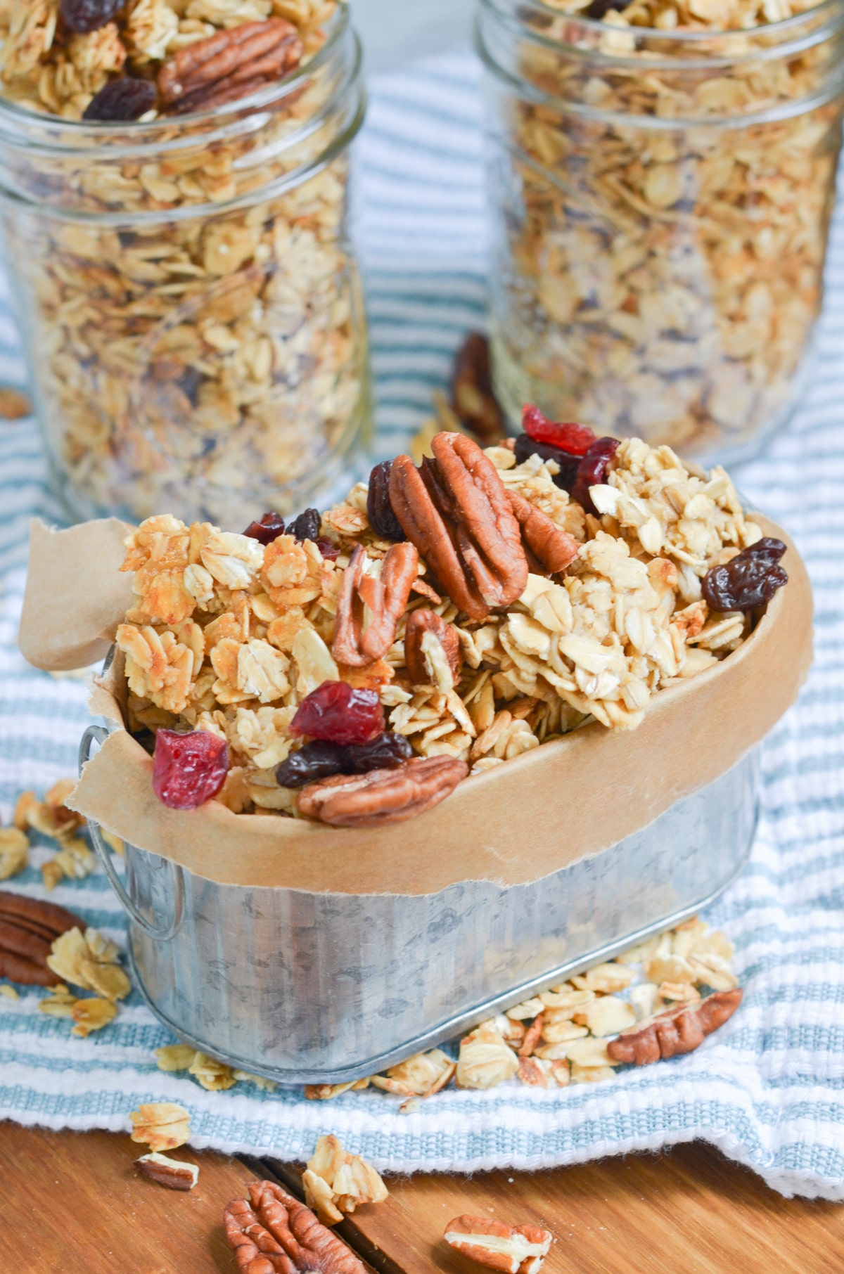 gluten-free granola in a metal container.