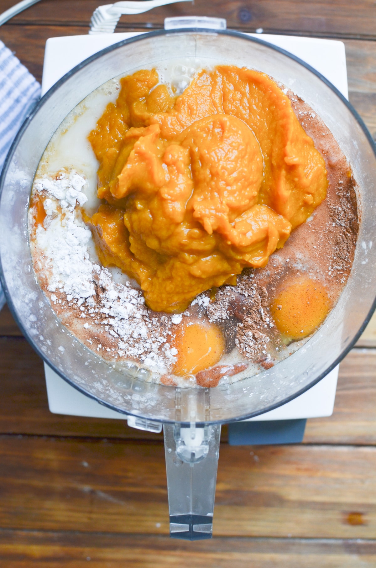 ingredients for pumpkin pie in food processor.
