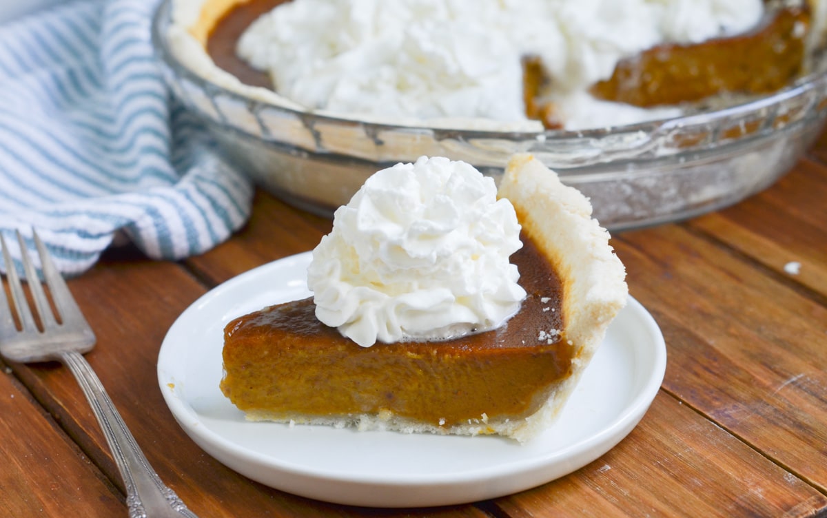 pumpkin pie slice on plate.