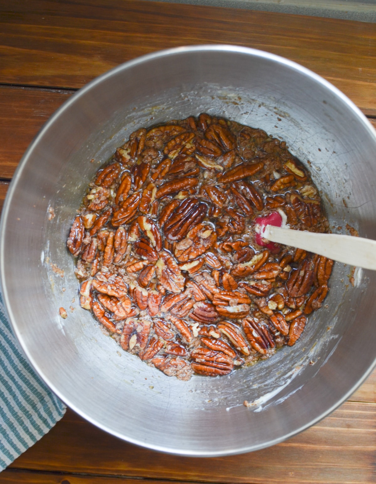 ingredients for pecan pie in mixing bowl.