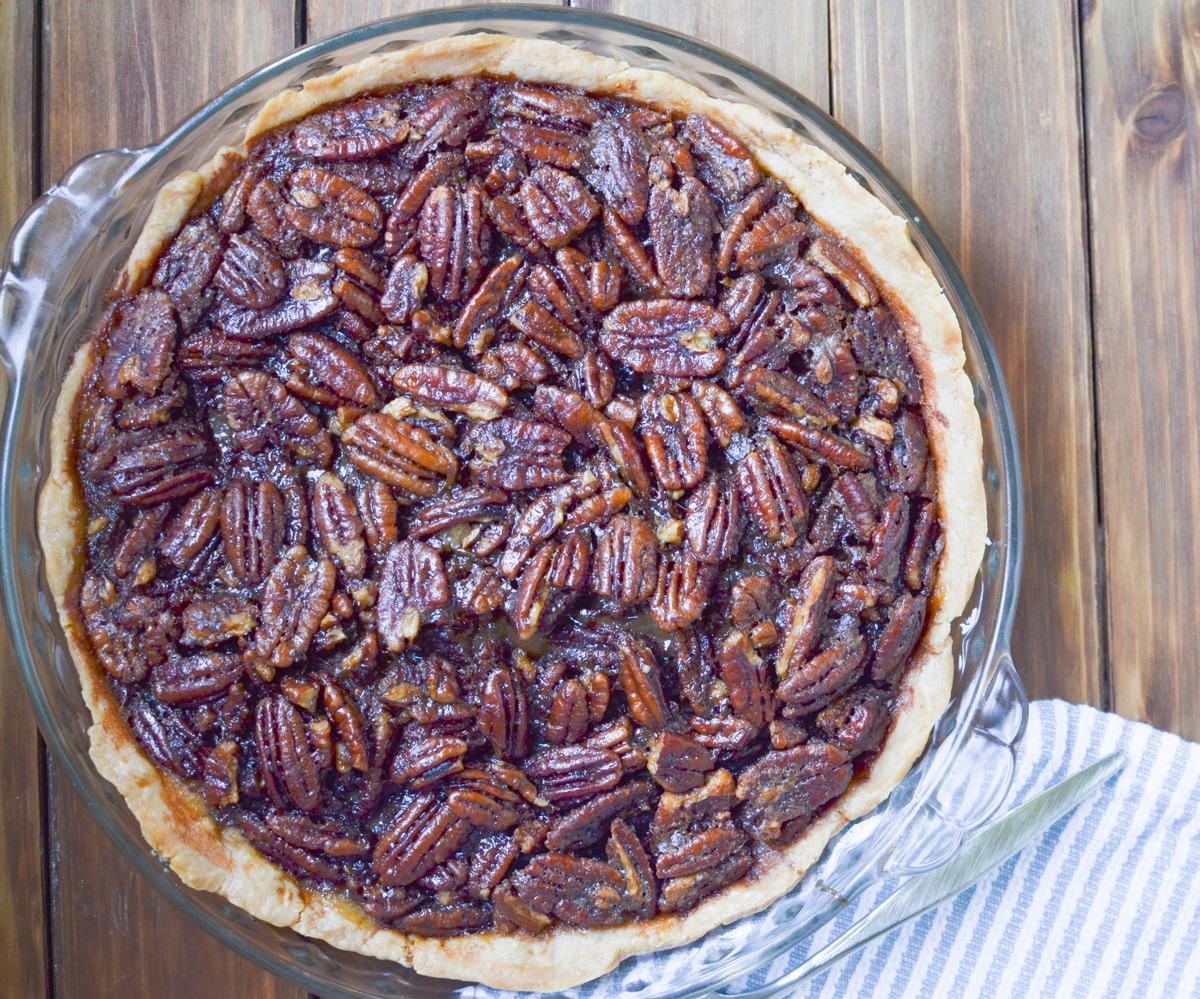 baked pecan pie out of the oven.