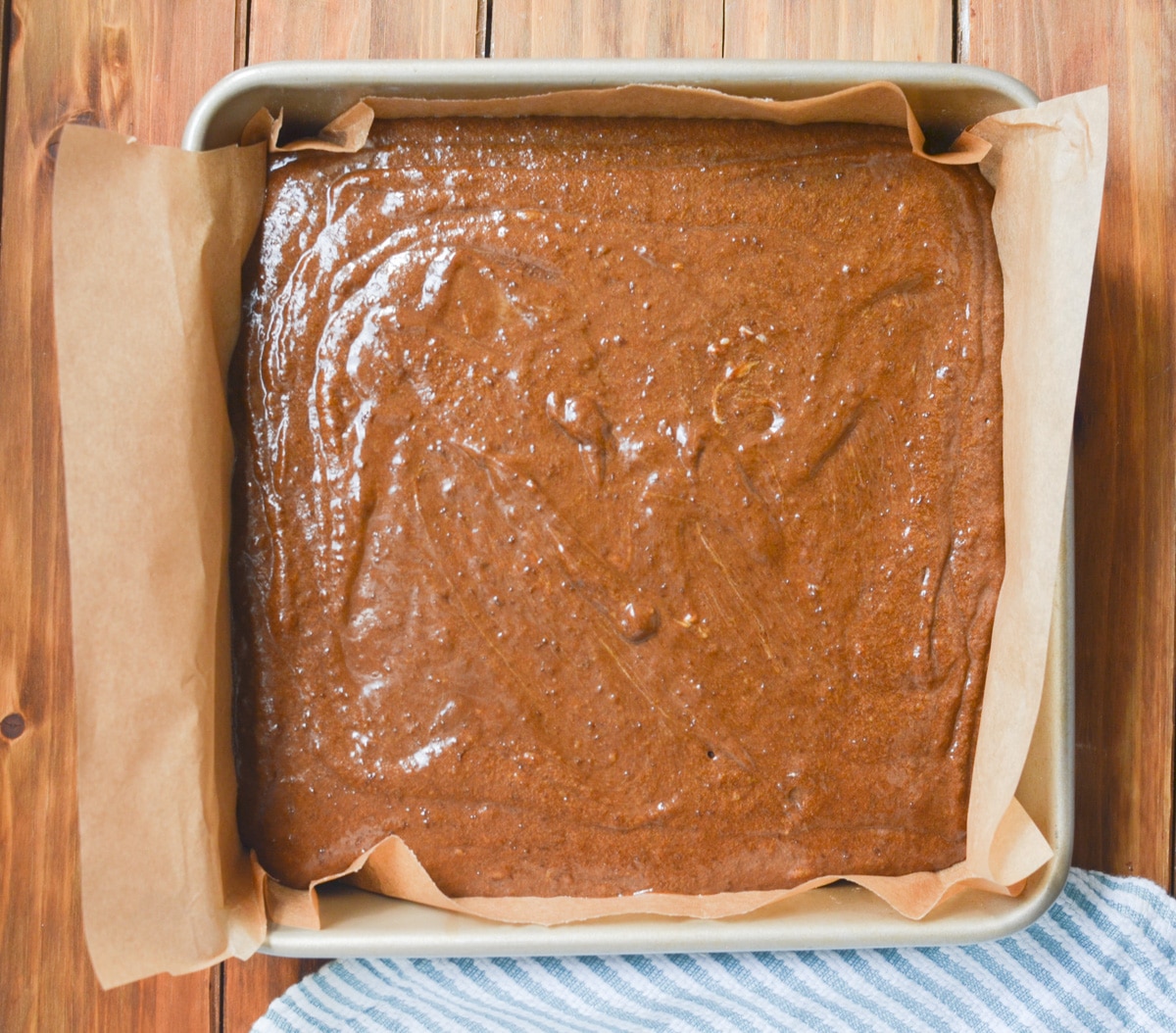 gingerbread batter in parchment lined baking pan ready for oven.