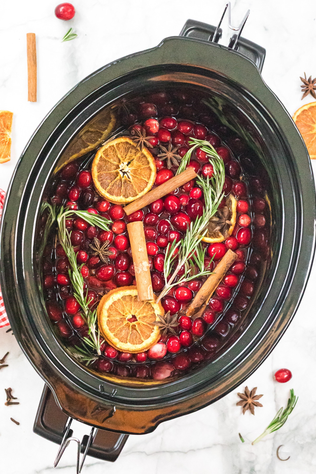 ingredients for holiday potpourri in slow cooker.