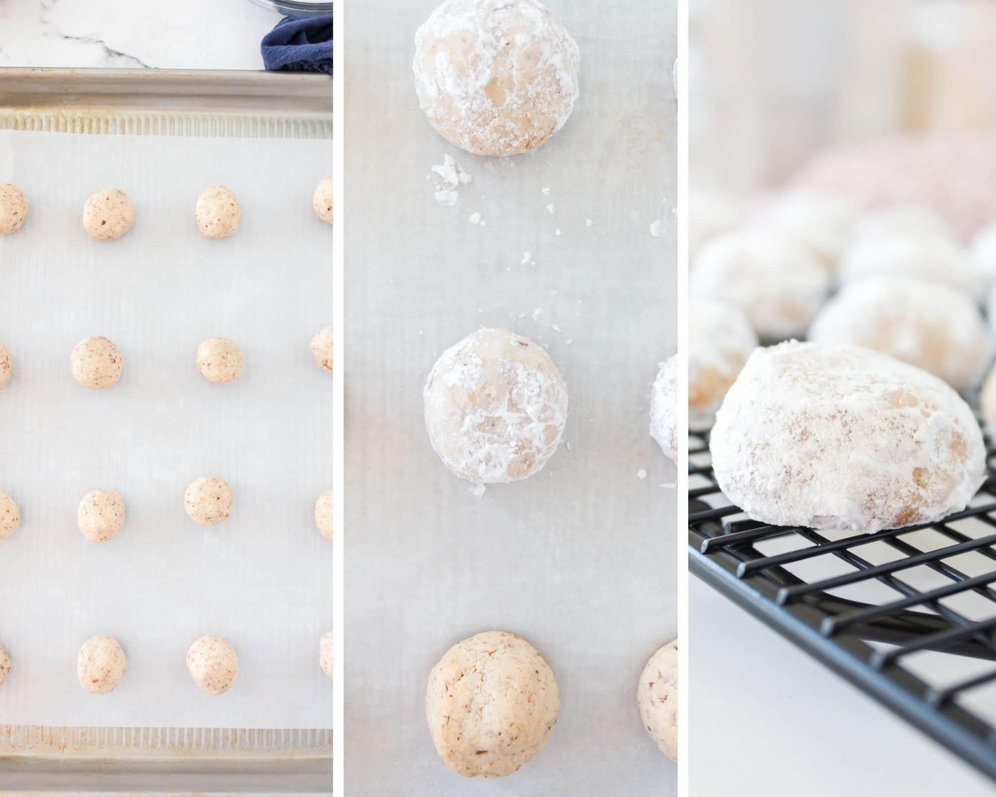 Step by step photos to make snowball cookies.