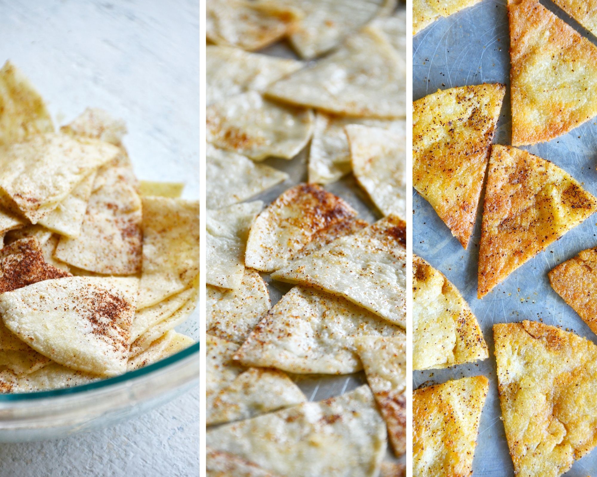 Process photos showing tortilla wedges and spices.